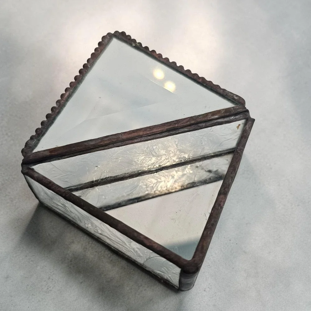 Vintage Etched Clear Beveled Leaded Glass Jewelry Triangle Art Deco Box Trinket